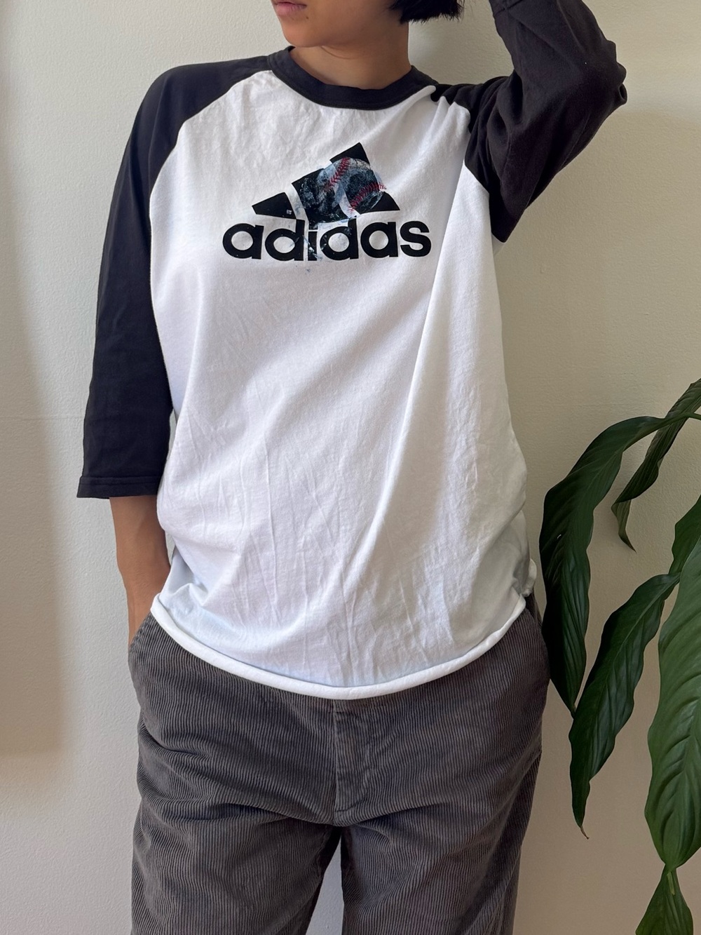Adidas 100% Cotton Triple Stripe Logo Graphic 3/4 Sleeve Baseball T Shirt Size M